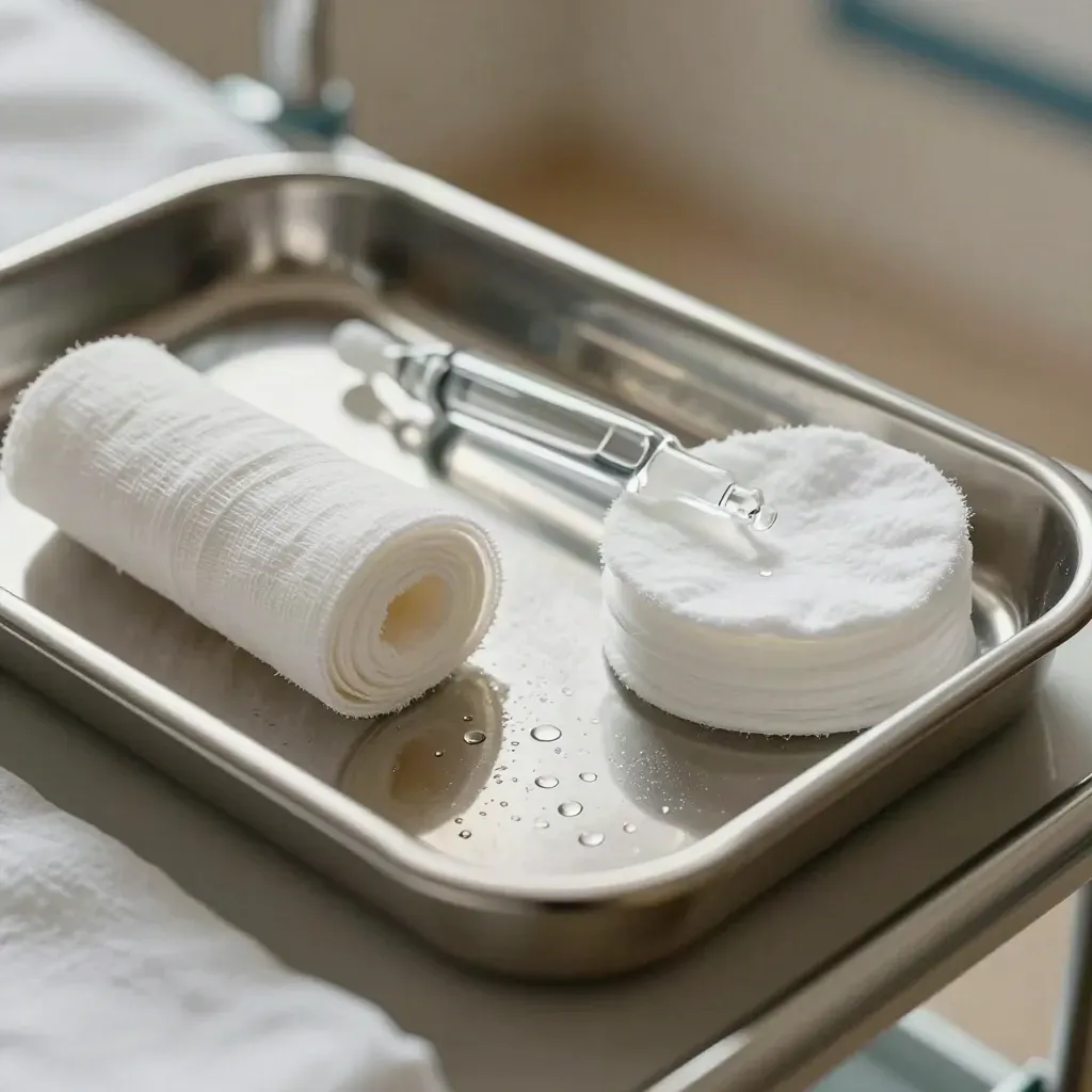 Top-down macro of a stainless medical tray with gauze, cotton rounds and a dropper beside a ward trolley.