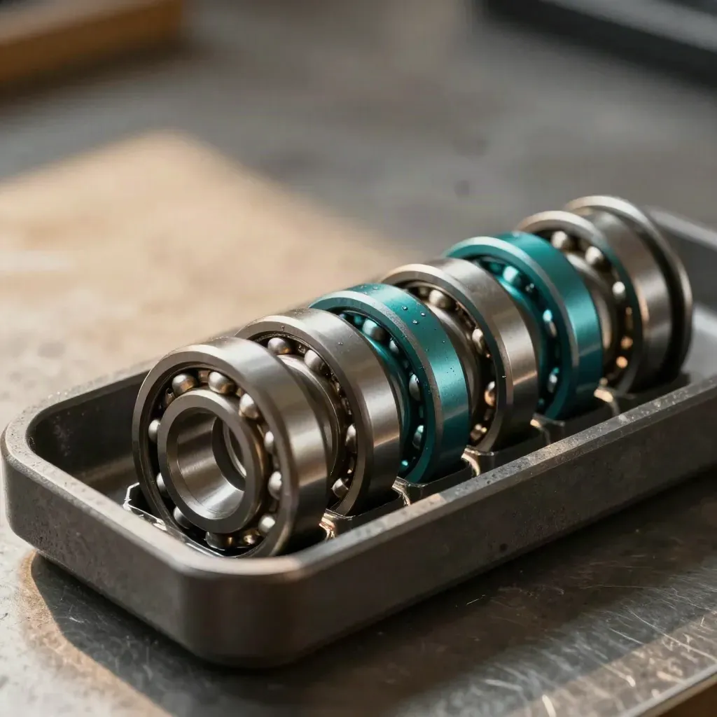 Steel bearings and hex spacers arranged in a graphite tray with a teal accent.