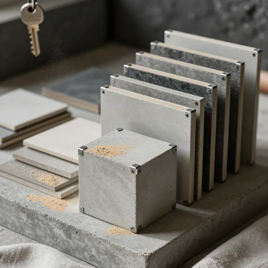 Concrete cubes, metal joinery corners, and ceramic sample chips in dramatic studio light