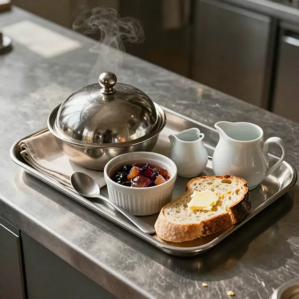 Top-down stainless breakfast tray with covered bowl, linen napkin, ceramic spoon and steam.