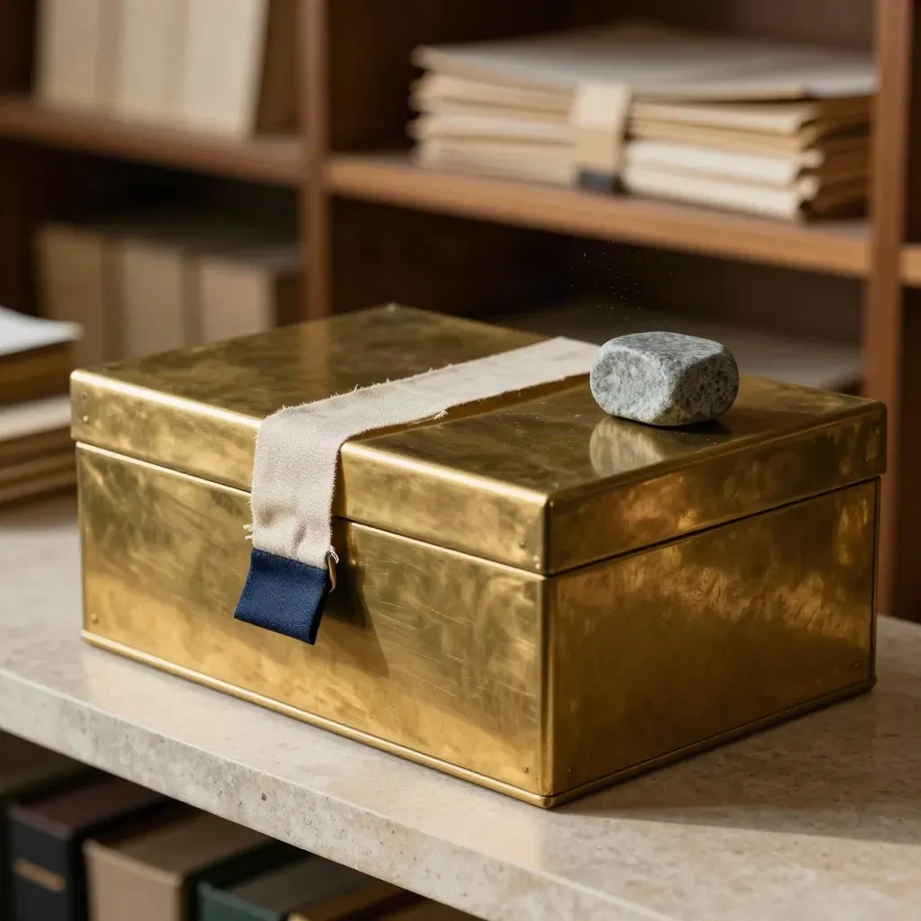 Brass archive box closing with linen ties, stone weight, and navy tab on a limestone shelf.