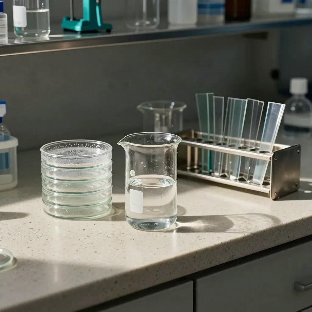 Lab beakers and petri dishes on a travertine bench beside a steel sample rack.