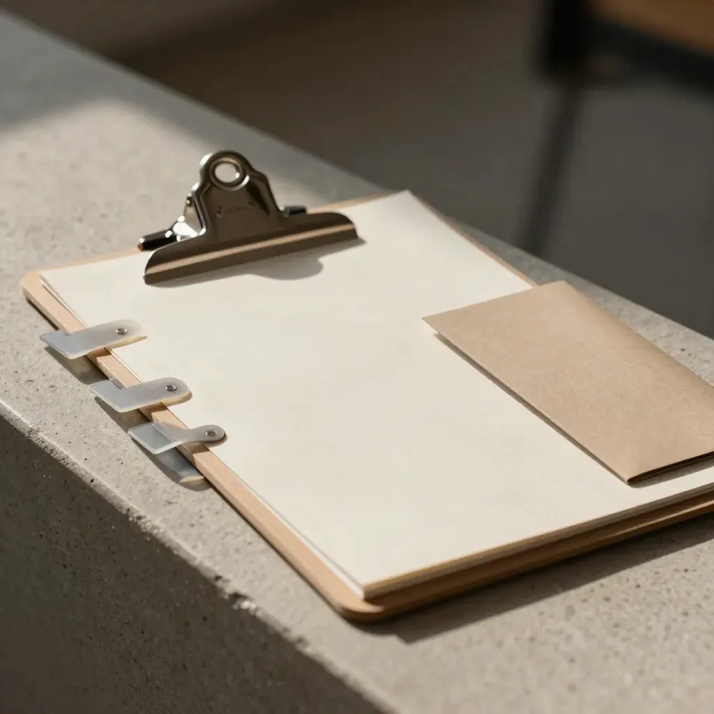Blank audit clipboard with metal clip and translucent dividers on a plaster ledge.