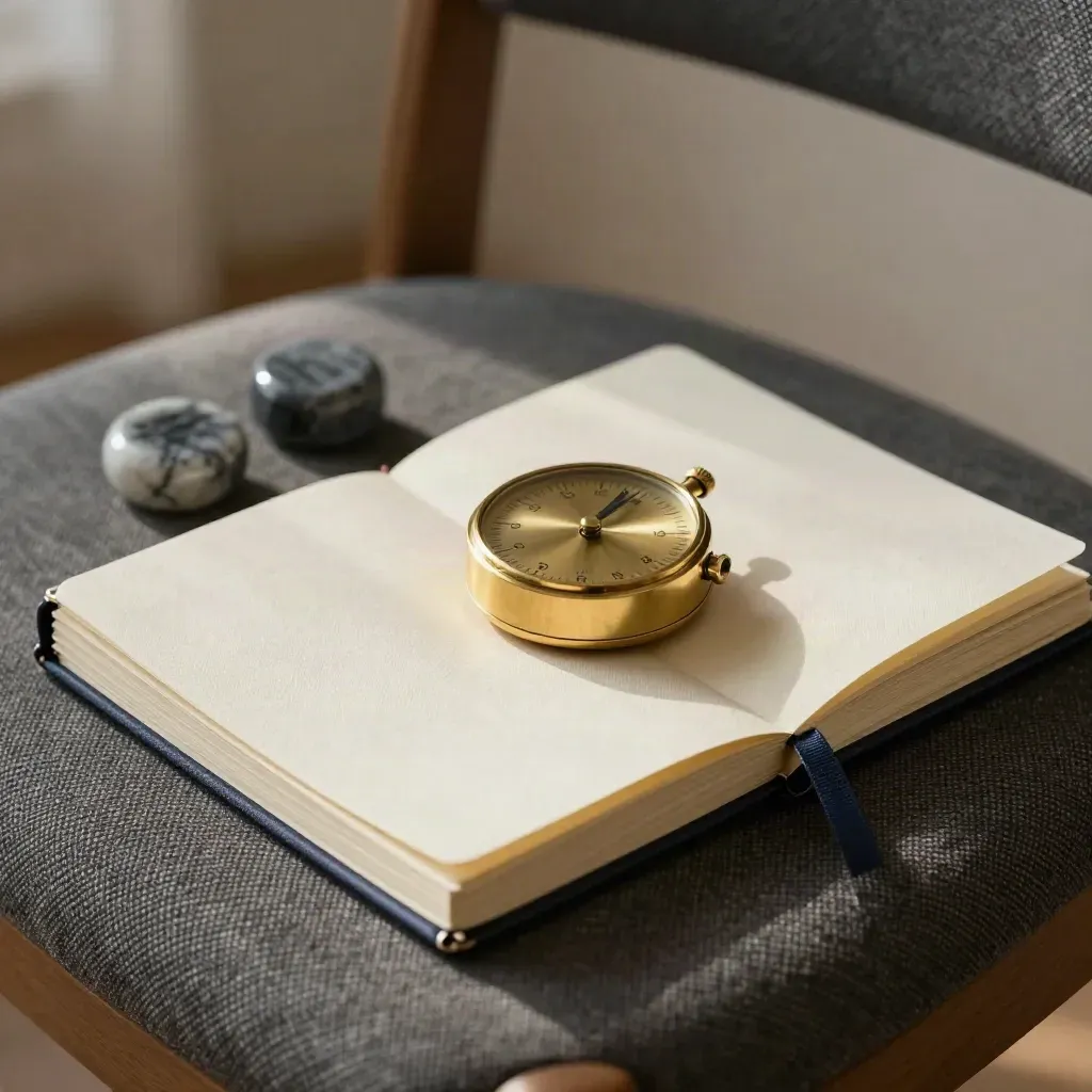 Brass timer, open coaching notebook and stone paperweights on a chair seat.
