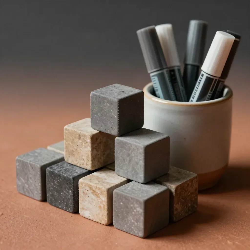Extreme macro of workshop blocks and a ceramic marker cup on terracotta plaster.