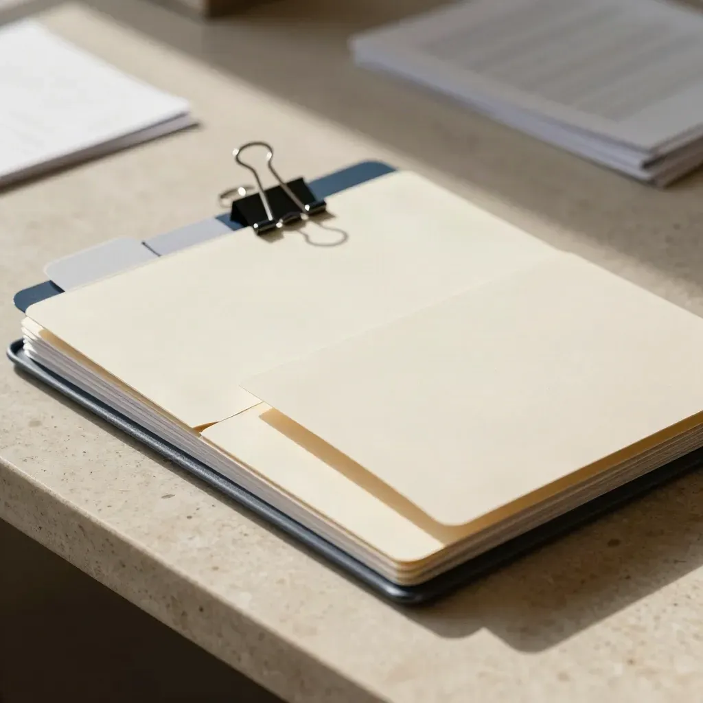 Top-down change-plan folder, tabs, and stainless binder clip on a cool stone surface.