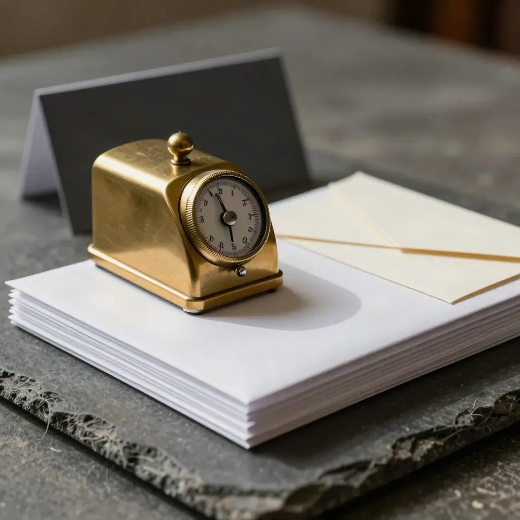 Brass tally counter with response cards and sealed envelopes on graphite stone