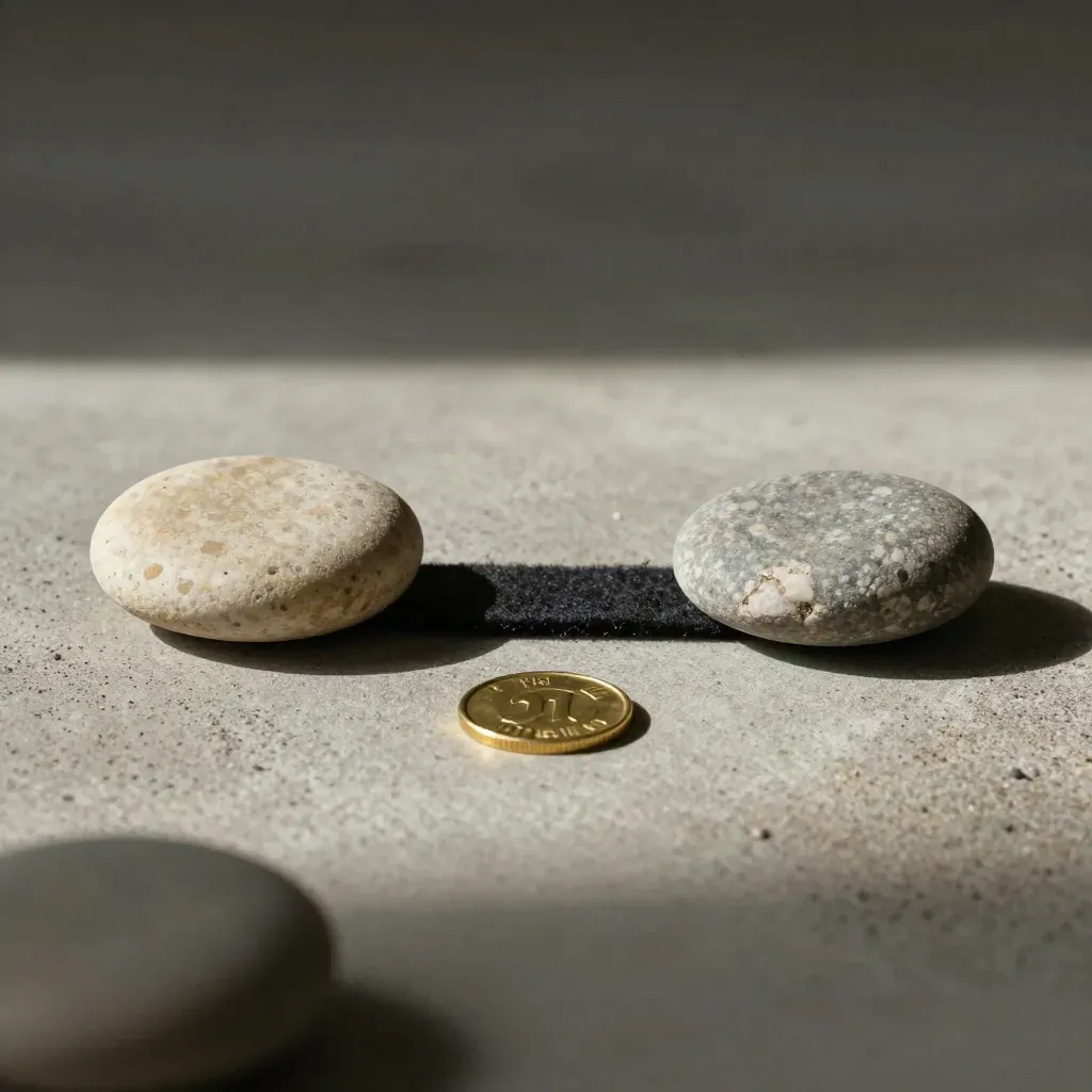 Top-down still life of river stones, felt separator and brass token on concrete for conflict facilitation.