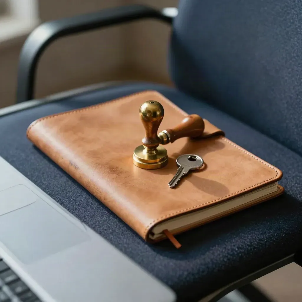 Closed leather notebook, brass stamp and keyring on a tray beside a chair, seen through frosted glass.