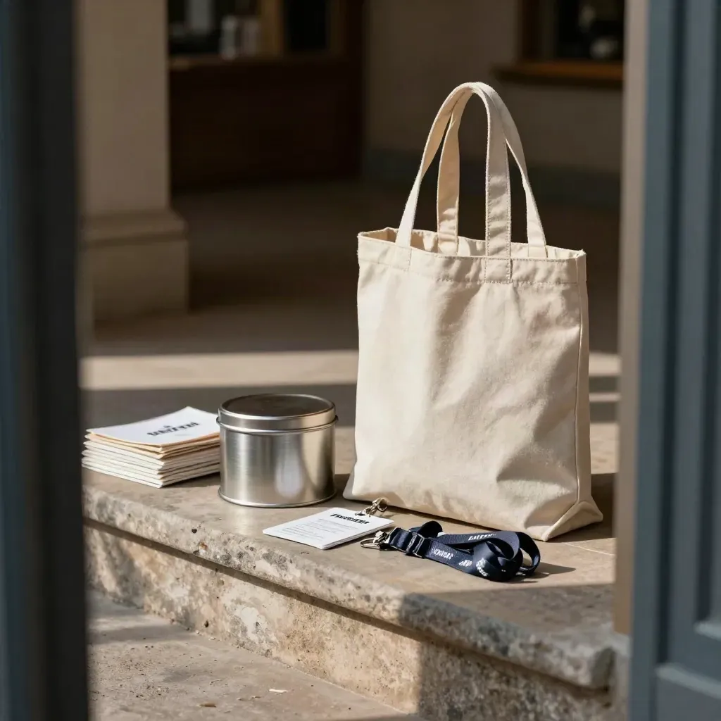 Canvas tote, collection tin, and folded volunteer lanyards on a stone foyer ledge.