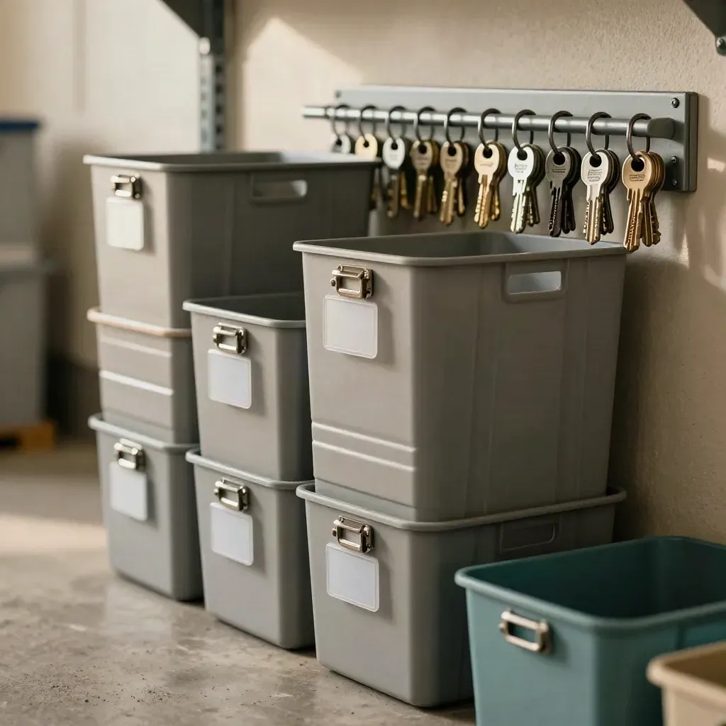 Parts bins and key rack in a warehouse operations bay, shot in extreme macro detail.
