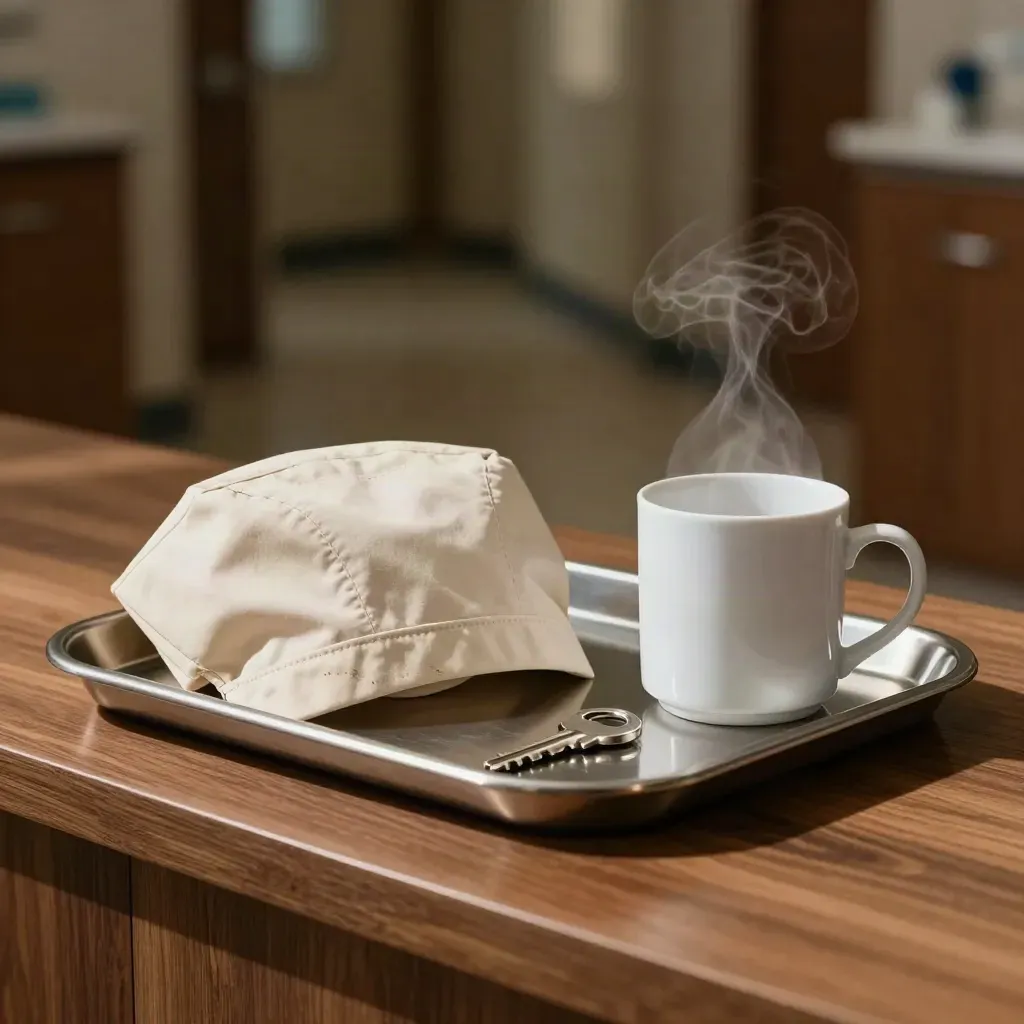 Steaming mug, steel pen tray and folded scrubs cap on a warm walnut ledge.