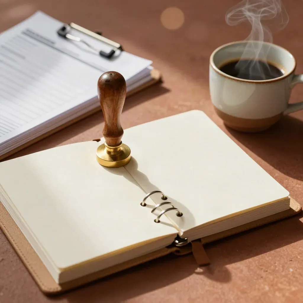 Brass stamp, ring binder and steaming coffee cup on a dark editorial surface