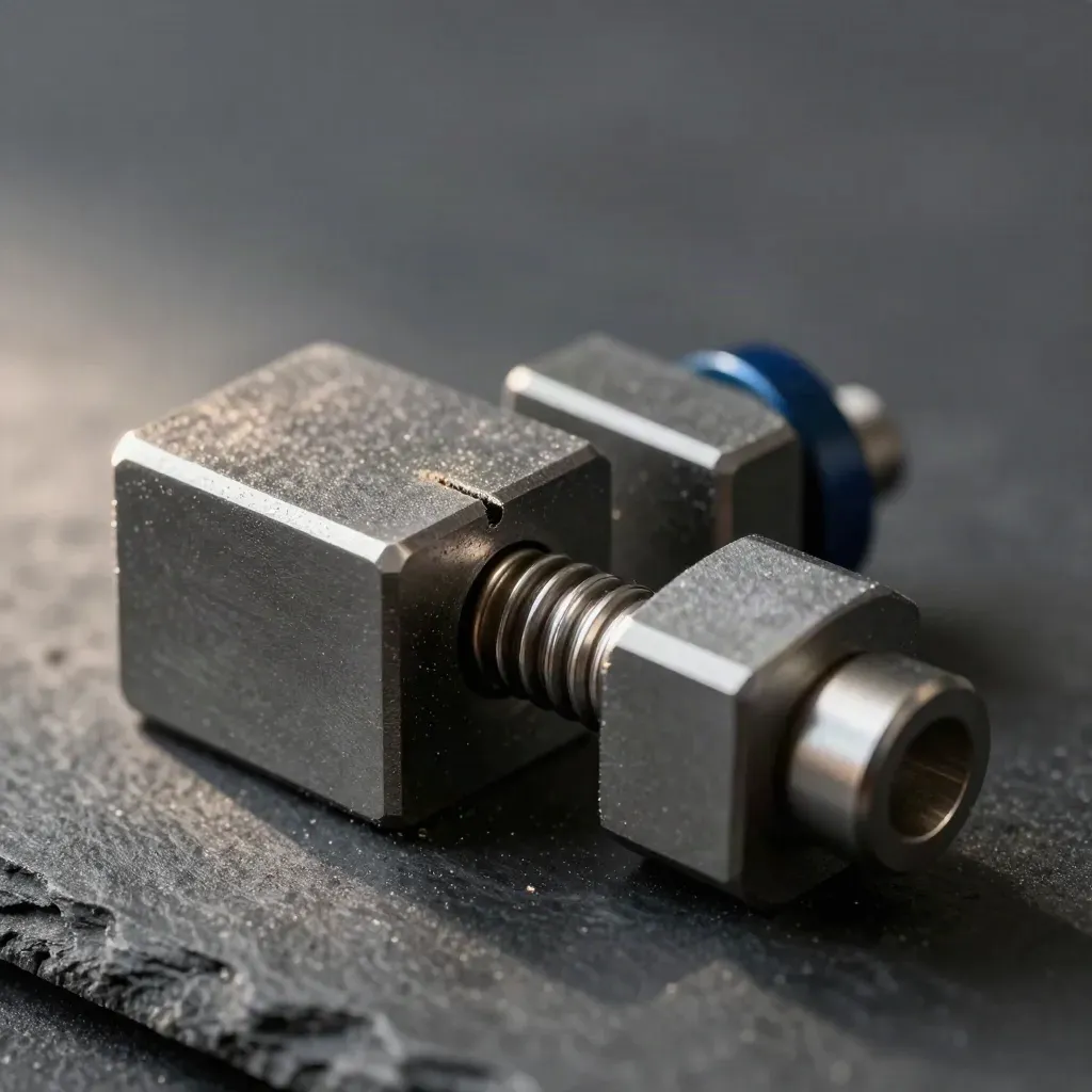 Top-down macro of graphite connector blocks locking together on a slate surface with dust.