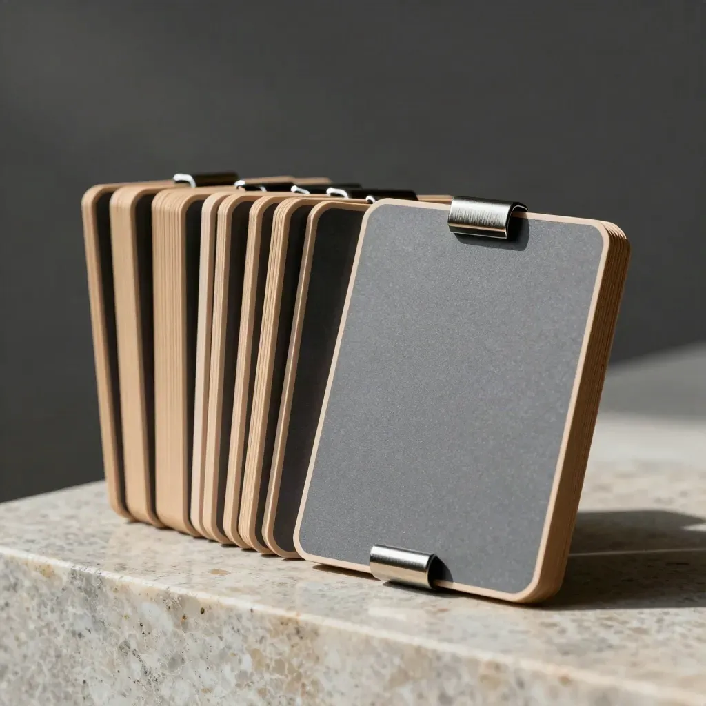 Modular workflow cards with magnetic clips and an alignment bar on limestone.