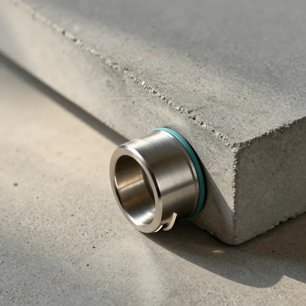 Metal workflow blocks and spacer aligning on concrete with a subtle teal accent.