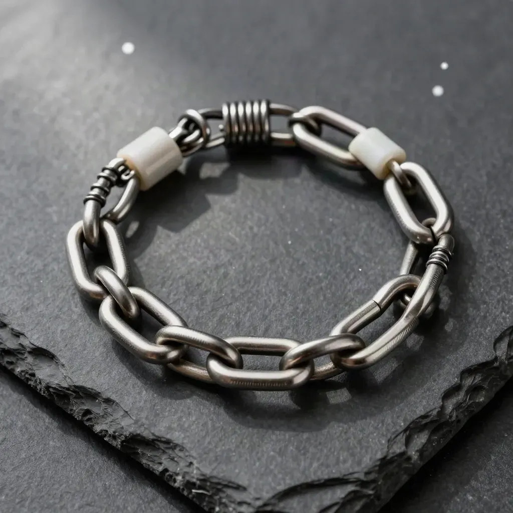 Top-down still life of linked steel rings and a connector clip on dark stone.