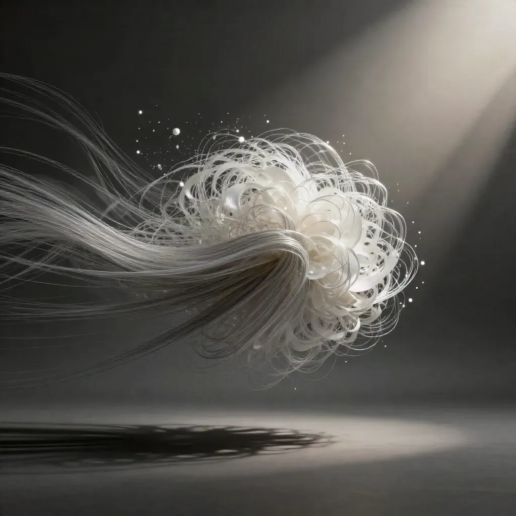 Abstract silver light filaments converge in a dark graphite void